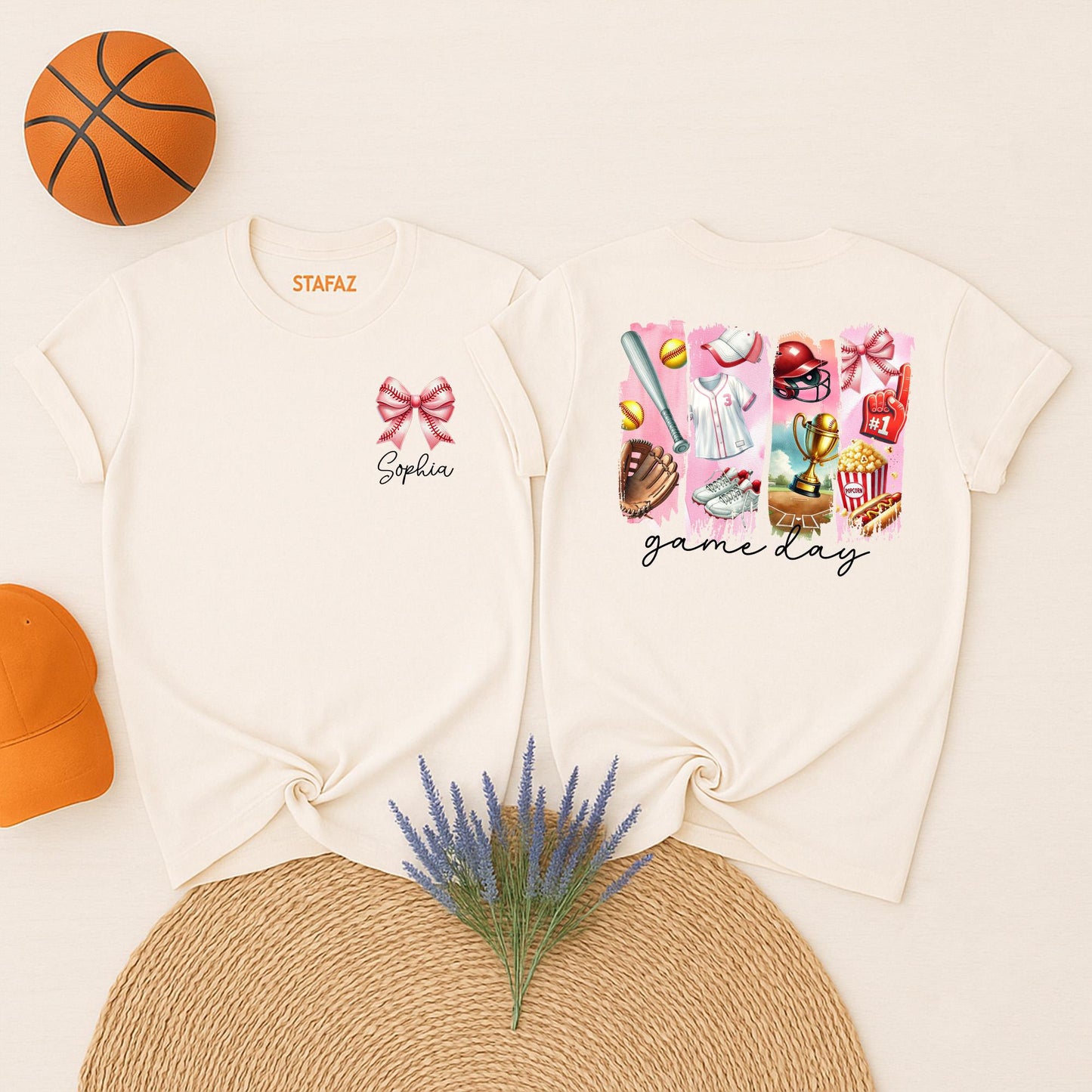 Personalized Softball Game Day Shirt: Custom Name Pink Bow & Softball Icons Tee, Cute Team Player Outfit for Girls & Moms, Unique Softball Fan Gift Idea