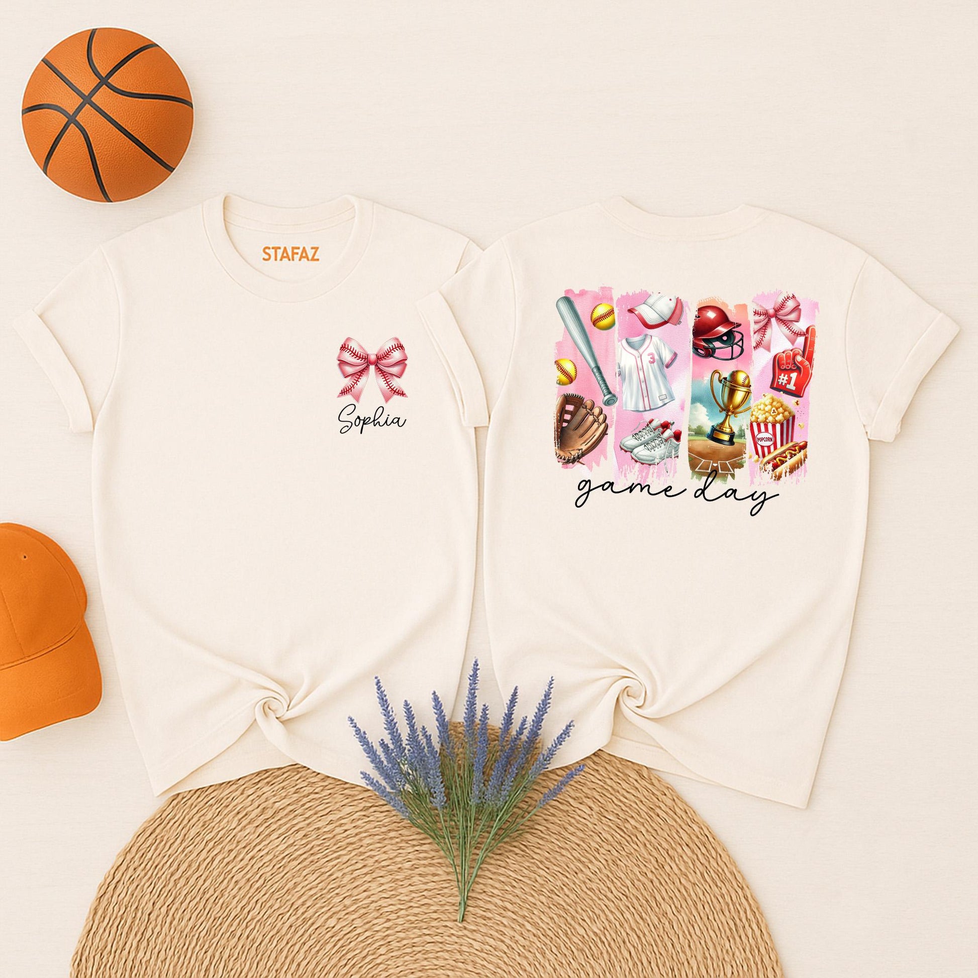 Personalized Softball Game Day Shirt: Custom Name Pink Bow & Softball Icons Tee, Cute Team Player Outfit for Girls & Moms, Unique Softball Fan Gift Idea