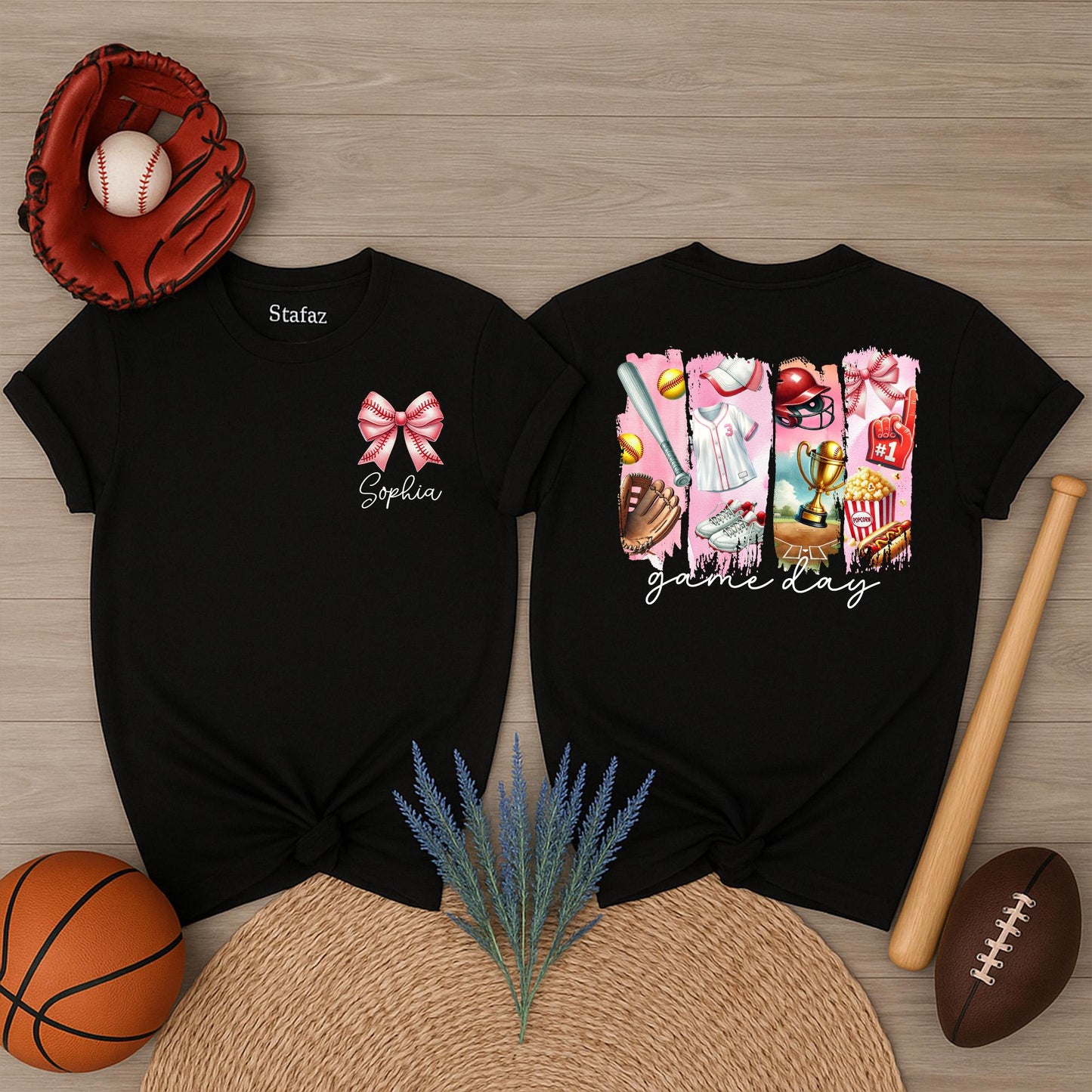 Personalized Softball Game Day Shirt: Custom Name Pink Bow & Softball Icons Tee, Cute Team Player Outfit for Girls & Moms, Unique Softball Fan Gift Idea