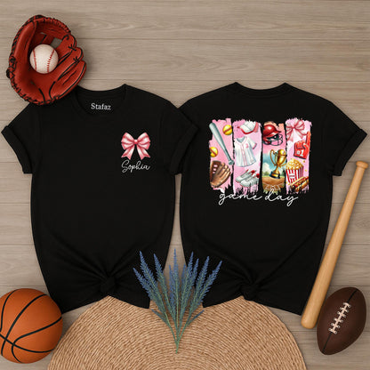 Personalized Softball Game Day Shirt: Custom Name Pink Bow & Softball Icons Tee, Cute Team Player Outfit for Girls & Moms, Unique Softball Fan Gift Idea