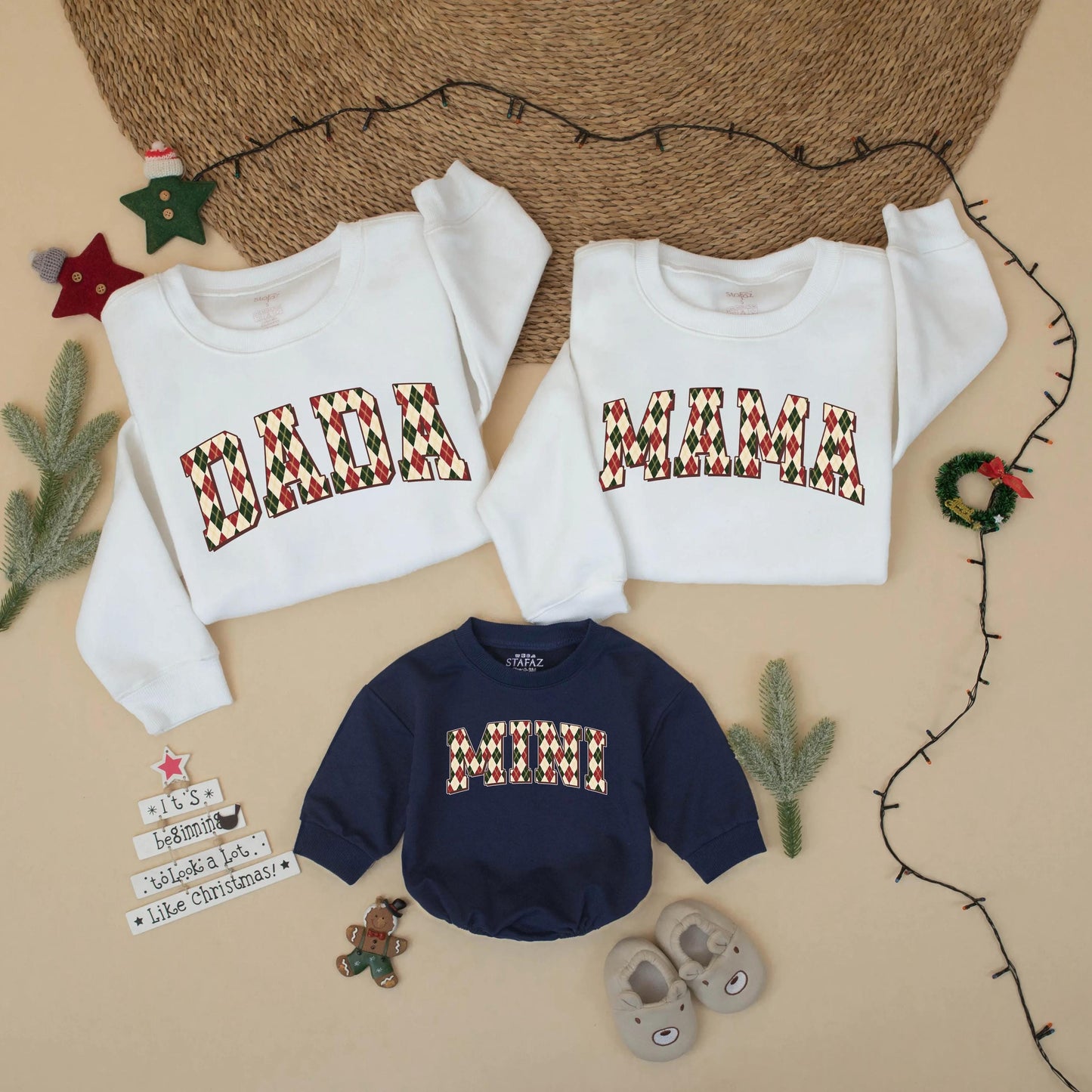 Matching Family Christmas Sweats 'DADA MAMA MINI' Argyle Holiday Outfits