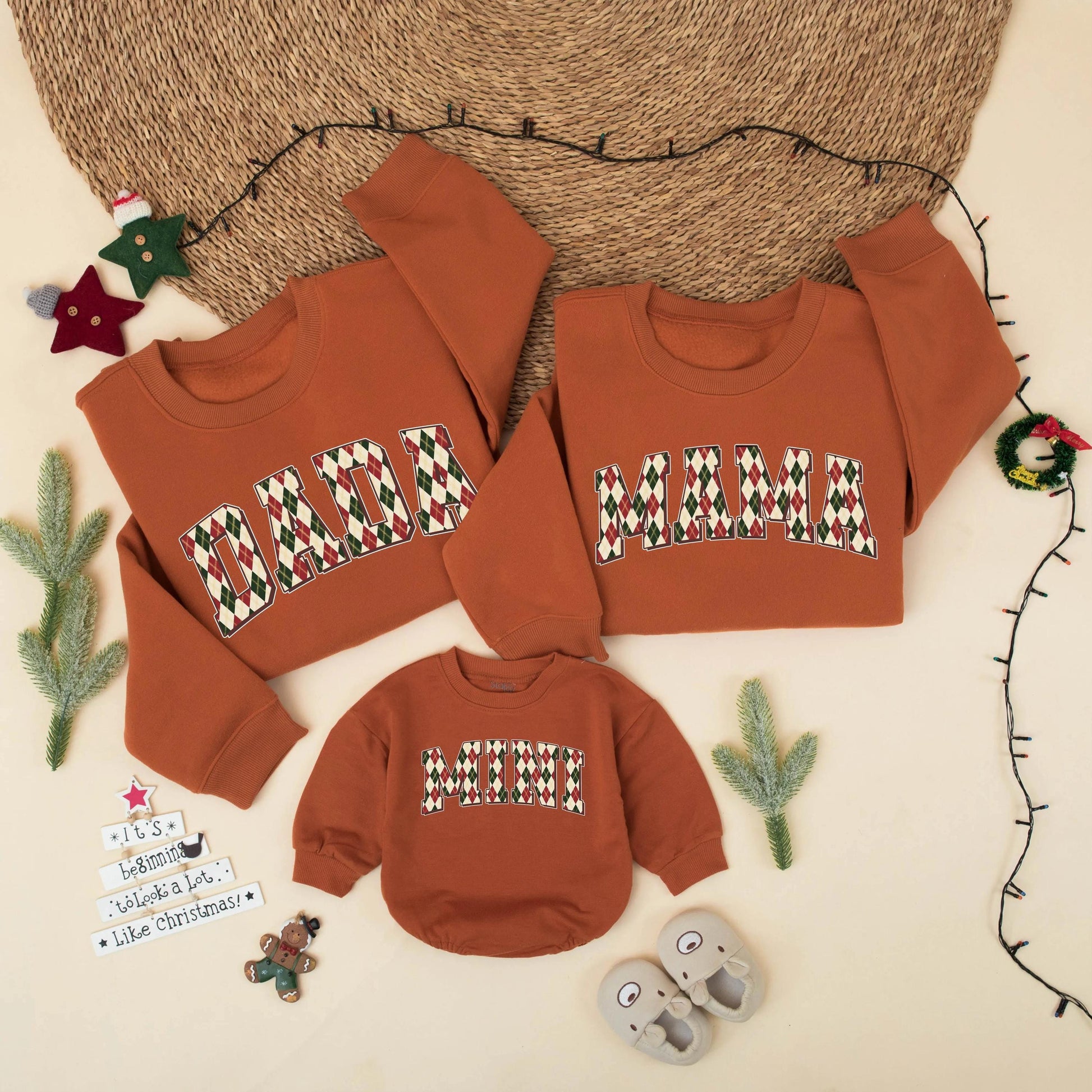 Matching Family Christmas Sweats 'DADA MAMA MINI' Argyle Holiday Outfits