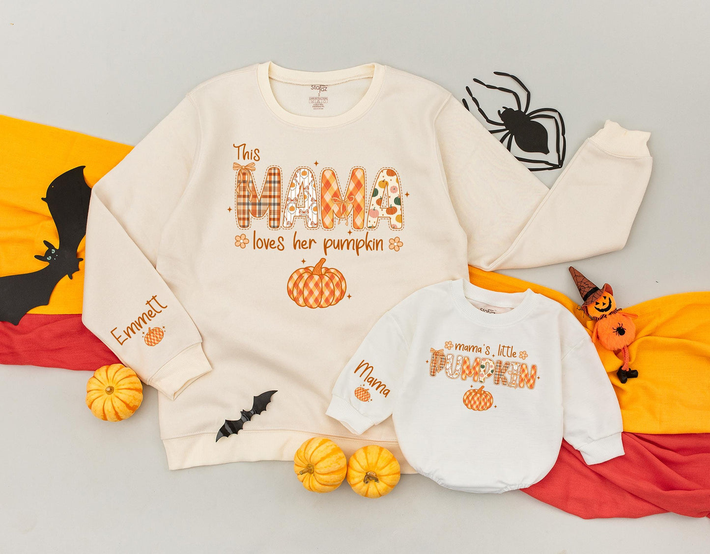 Personalized Mama's Pumpkin Patch Sweatshirt Matching Set, Fall Family Outfit, Custom Name Sleeve, Thanksgiving Gift for Mom and Kids, Orange & Plaid 138