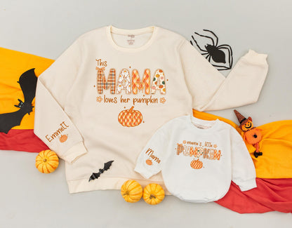 Personalized Mama's Pumpkin Patch Sweatshirt Matching Set, Fall Family Outfit, Custom Name Sleeve, Thanksgiving Gift for Mom and Kids, Orange & Plaid 138