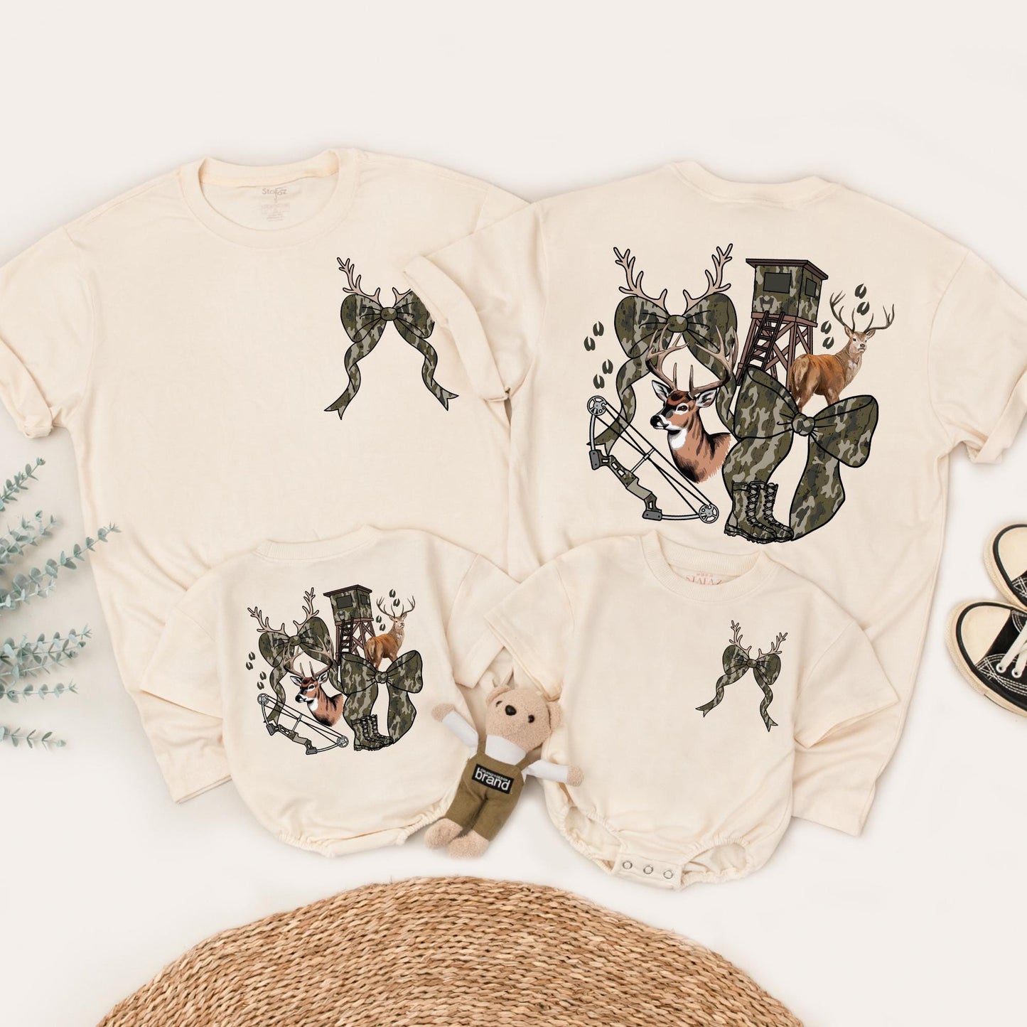 Hunting Season Girls Camo Bow Tee featuring Realistic Deer and Tracks Outdoor Birthday Shirt Youth Hunting Enthusiast Gift