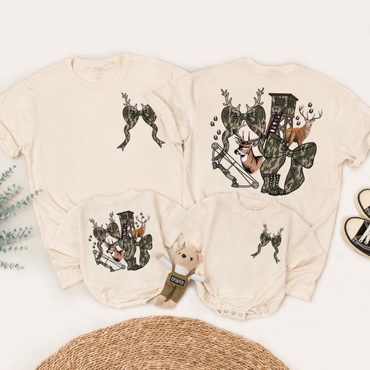 Hunting Season Girls Camo Bow Tee featuring Realistic Deer and Tracks Outdoor Birthday Shirt Youth Hunting Enthusiast Gift