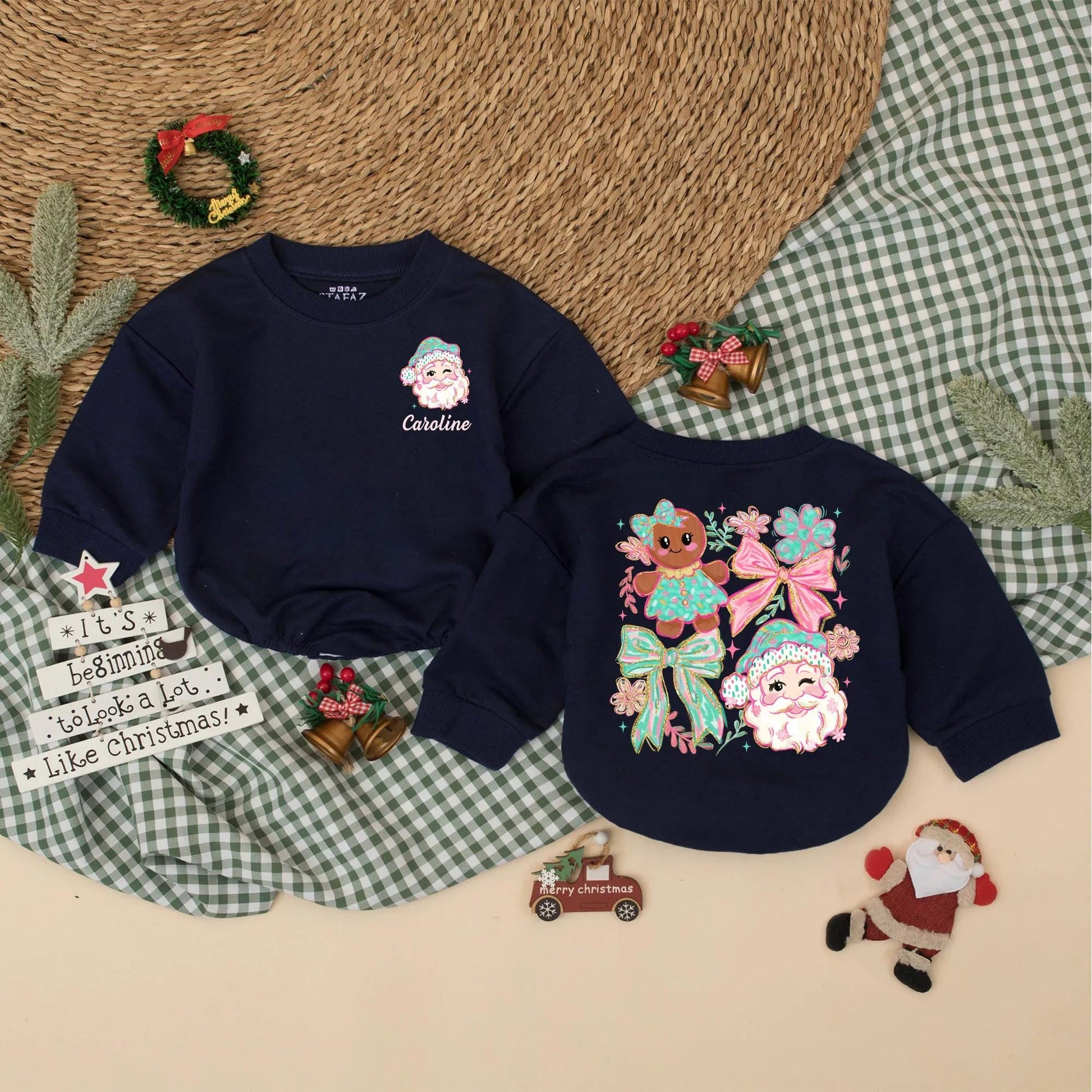 Personalized Girly Christmas Romper with Winking Santa & Pink Script 'Caroline', Cute Holiday Baby Bodysuit, Winter Gift
