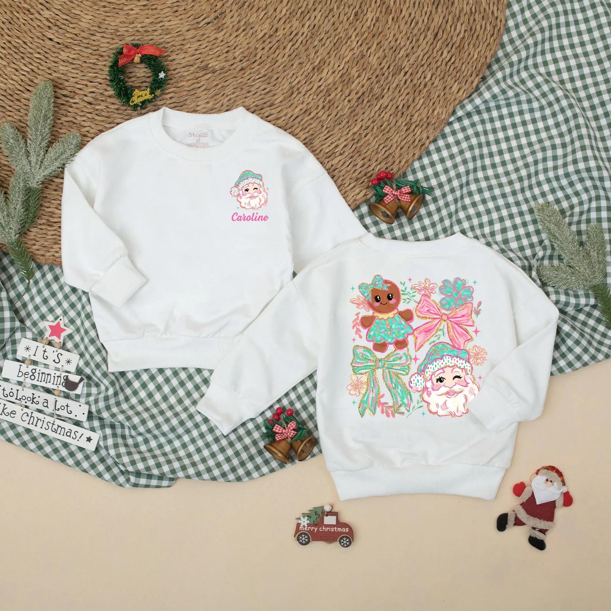 Personalized Girly Christmas Romper with Winking Santa & Pink Script 'Caroline', Cute Holiday Baby Bodysuit, Winter Gift