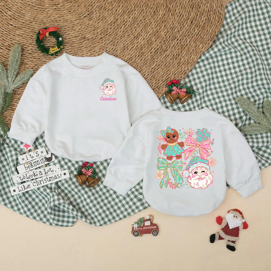 Personalized Girly Christmas Romper with Winking Santa & Pink Script 'Caroline', Cute Holiday Baby Bodysuit, Winter Gift
