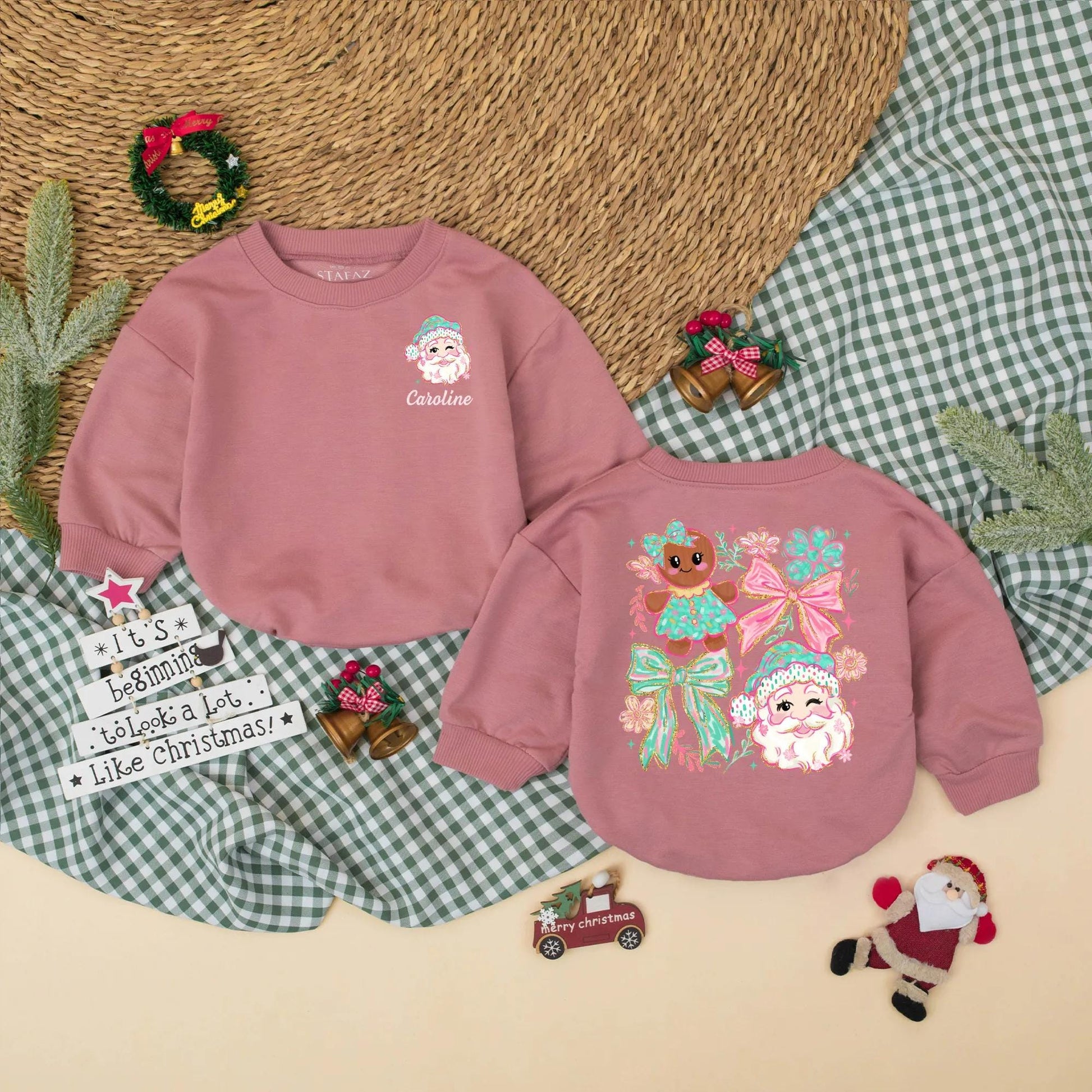 Personalized Girly Christmas Romper with Winking Santa & Pink Script 'Caroline', Cute Holiday Baby Bodysuit, Winter Gift