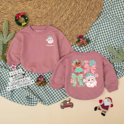 Personalized Girly Christmas Romper with Winking Santa & Pink Script 'Caroline', Cute Holiday Baby Bodysuit, Winter Gift