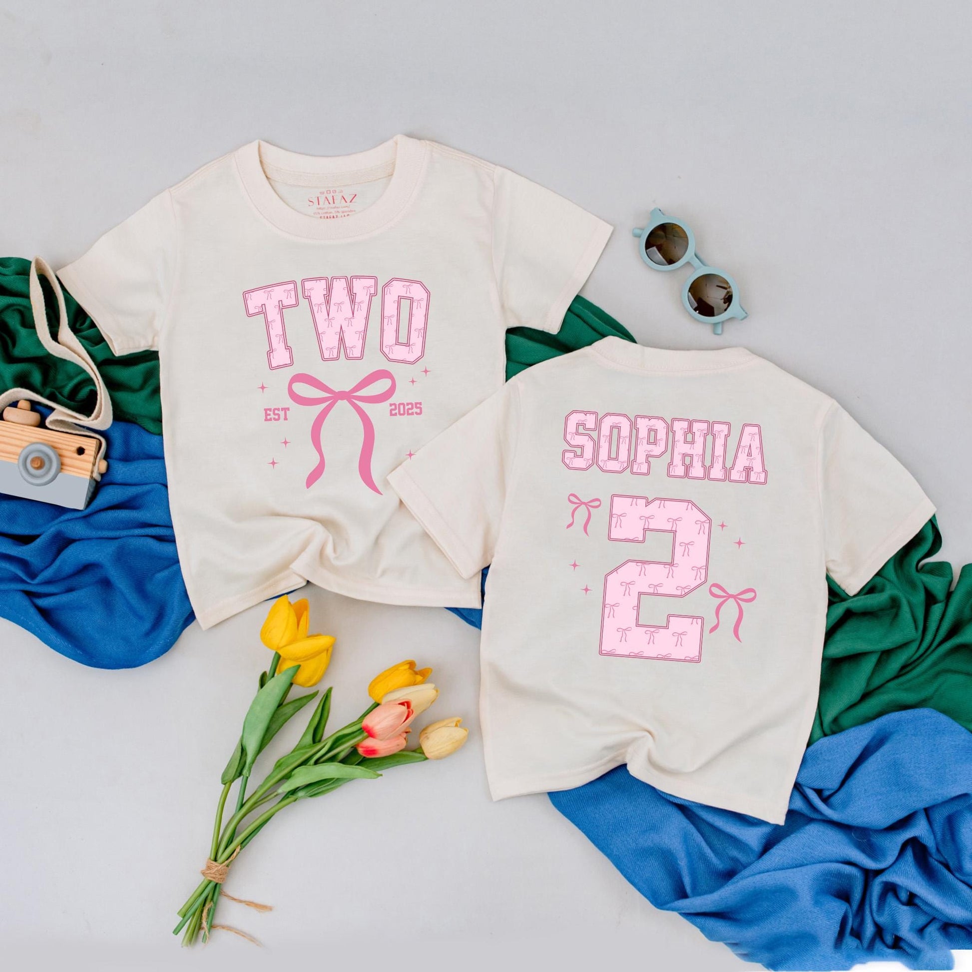 Sophia's Second Birthday Girl T-Shirt with Pink Bow TWO Design! Adorable 2nd Birthday Outfit, Personalized Party Tee & Star Details—A Special Gift! (139)