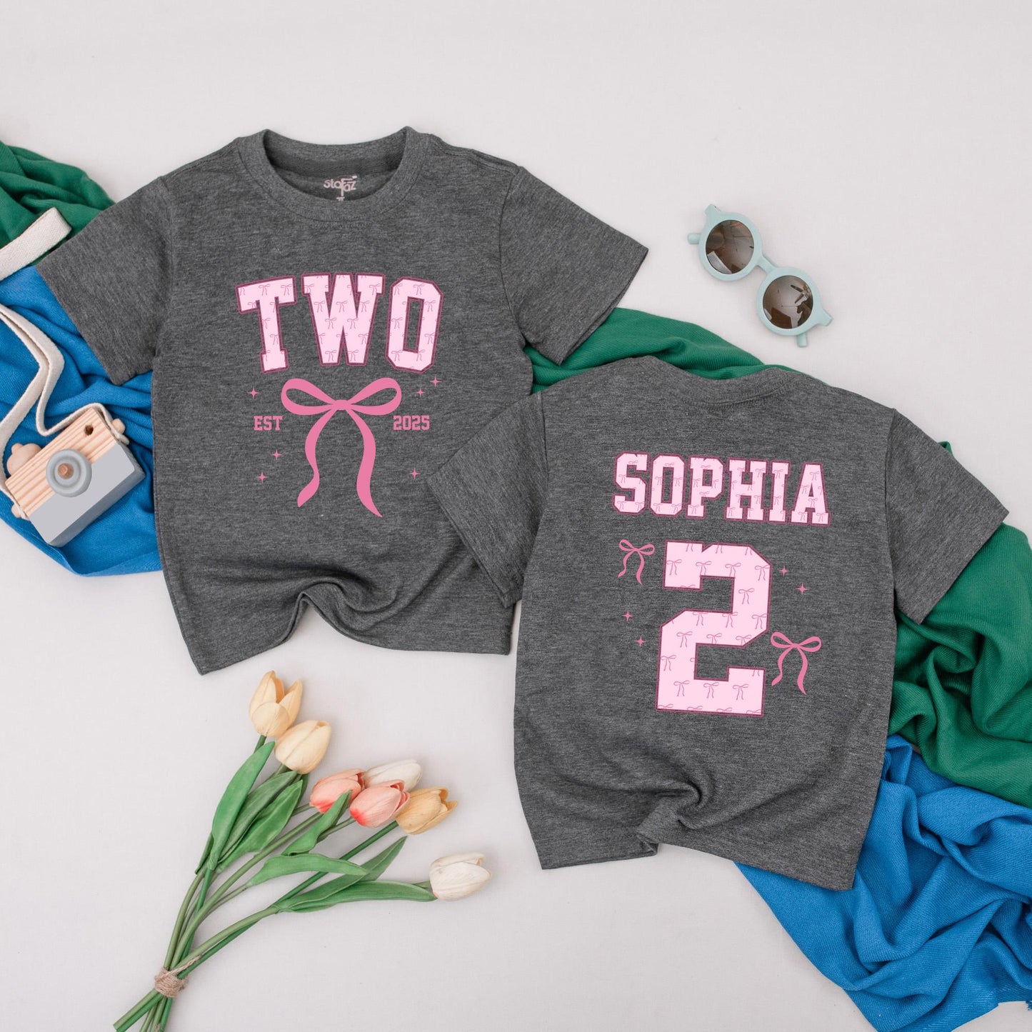 Sophia's Second Birthday Girl T-Shirt with Pink Bow TWO Design! Adorable 2nd Birthday Outfit, Personalized Party Tee & Star Details—A Special Gift! (139)