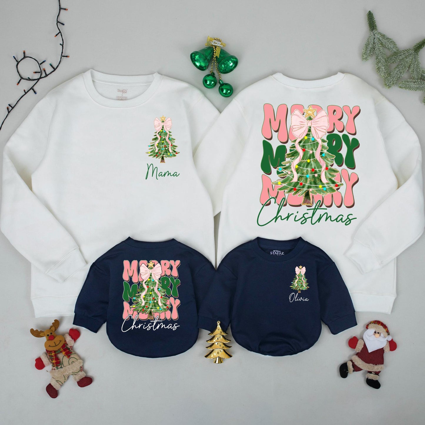 Personalized Mama Baby Christmas Sweatshirts Matching Family Holiday Tree Pink Bow Tinsel Design Festive Cozy First Xmas Celebration Outfit
