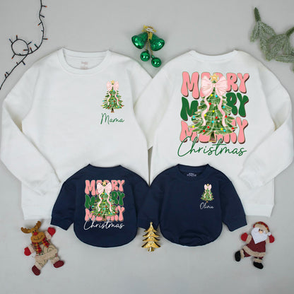 Personalized Mama Baby Christmas Sweatshirts Matching Family Holiday Tree Pink Bow Tinsel Design Festive Cozy First Xmas Celebration Outfit