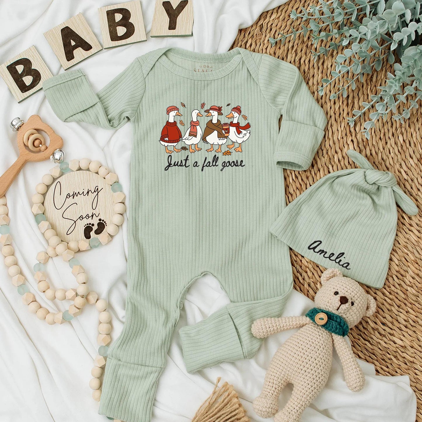 Just a Fall Goose Baby Bodysuit - Funny Autumn Geese Outfit Personalized Thanksgiving Newborn Clothes Warm Colors Cute Romper Gift  (137 chars)
