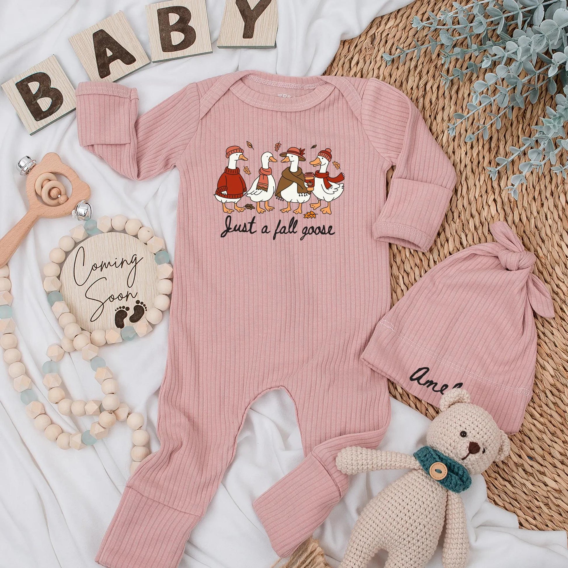 Just a Fall Goose Baby Bodysuit - Funny Autumn Geese Outfit Personalized Thanksgiving Newborn Clothes Warm Colors Cute Romper Gift  (137 chars)