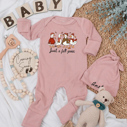 Just a Fall Goose Baby Bodysuit - Funny Autumn Geese Outfit Personalized Thanksgiving Newborn Clothes Warm Colors Cute Romper Gift  (137 chars)