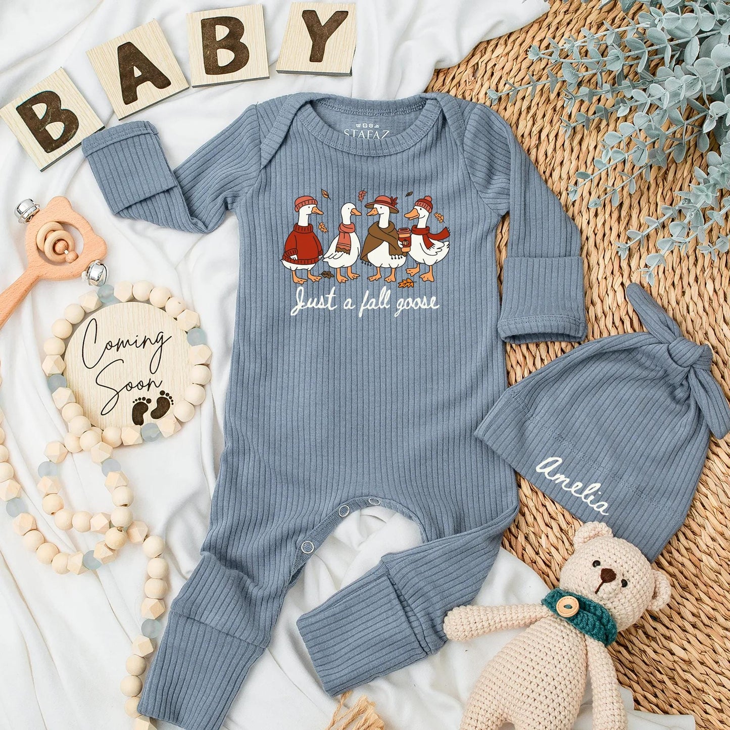 Just a Fall Goose Baby Bodysuit - Funny Autumn Geese Outfit Personalized Thanksgiving Newborn Clothes Warm Colors Cute Romper Gift  (137 chars)