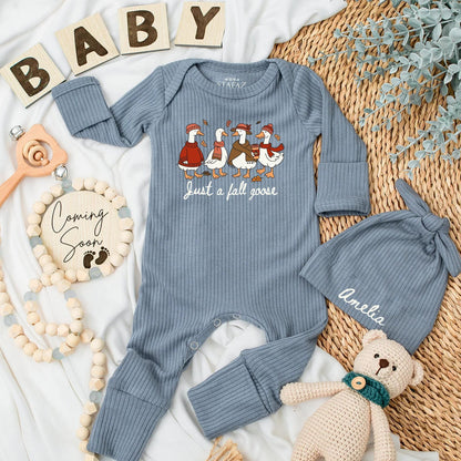 Just a Fall Goose Baby Bodysuit - Funny Autumn Geese Outfit Personalized Thanksgiving Newborn Clothes Warm Colors Cute Romper Gift  (137 chars)