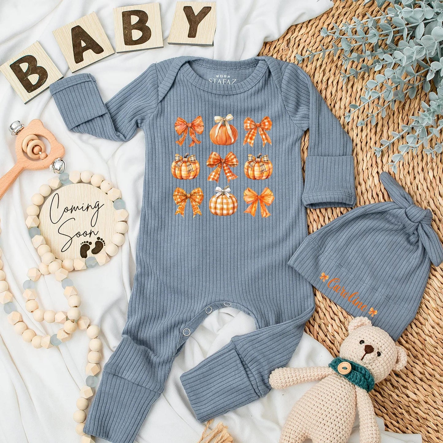 Personalized Pumpkin Baby Girl Bodysuit Cute Autumn Plaid Pumpkin Bow Fall Season Newborn Romper Baby Shower Gift