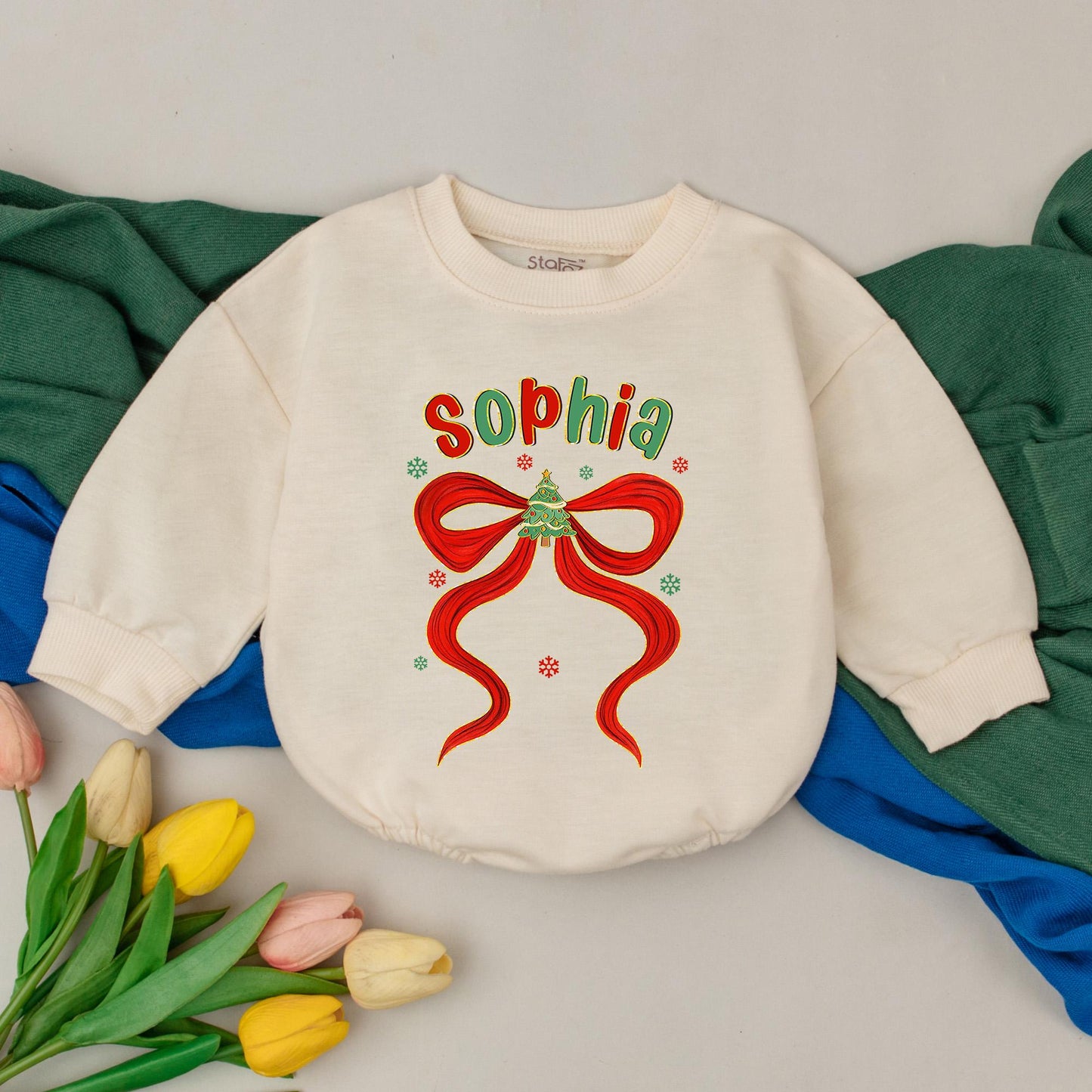 Sophia Personalized Girly Christmas Romper Red Bow First Christmas Outfit Custom Name Baby Xmas Clothes Shower Gift