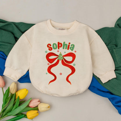 Sophia Personalized Girly Christmas Romper Red Bow First Christmas Outfit Custom Name Baby Xmas Clothes Shower Gift
