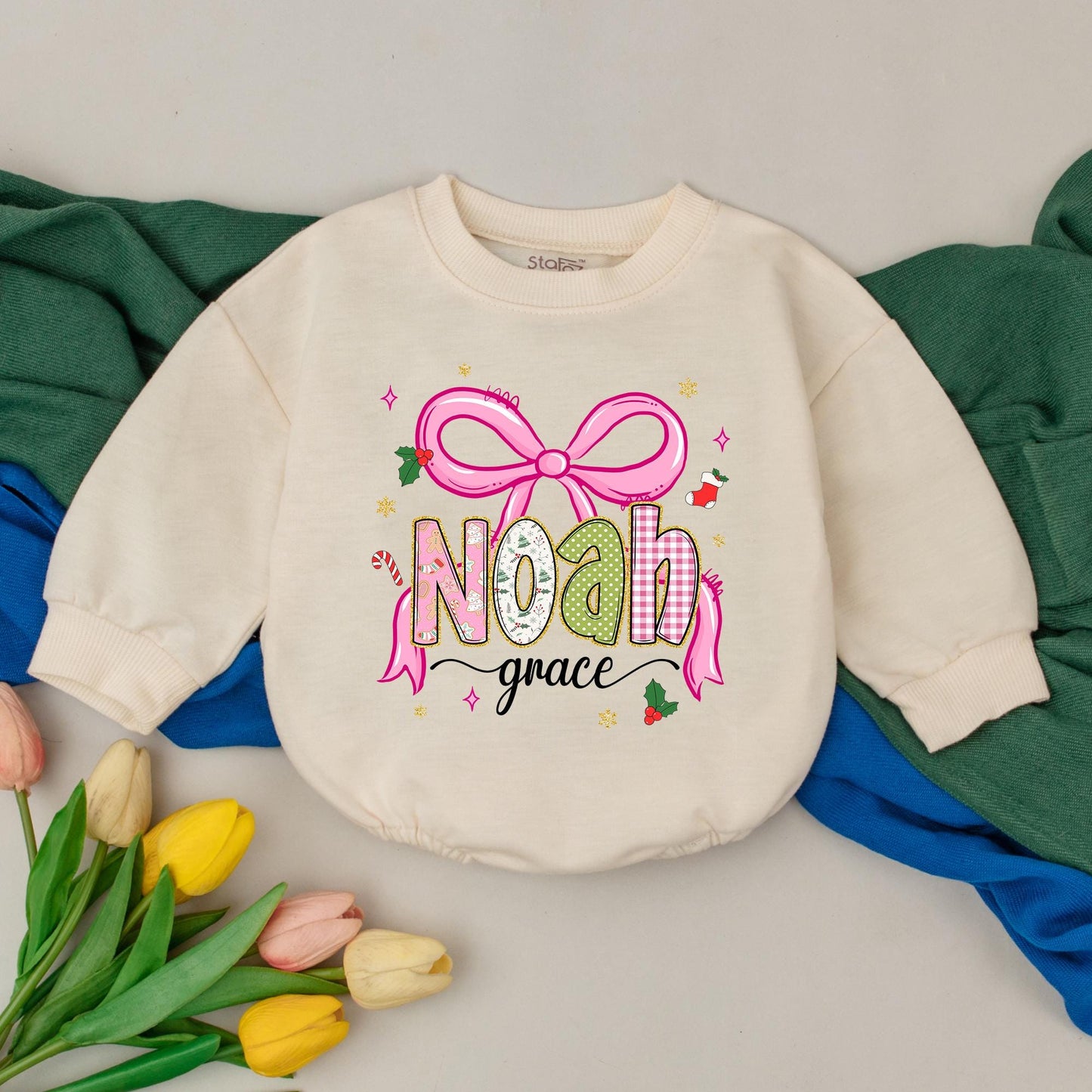 Noah Grace Personalized Romper, Pink Bow Baby Girl First Christmas Outfit, Whimsical Holiday Bodysuit, Cute Newborn Gift, Custom Name Bodysuit (139 chars)
