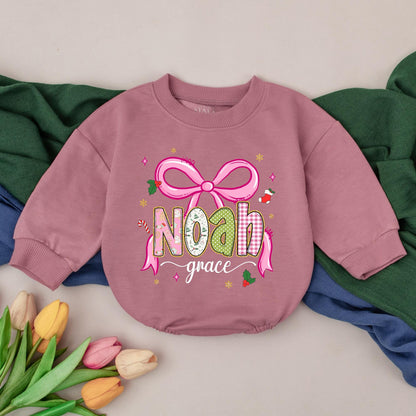 Noah Grace Personalized Romper, Pink Bow Baby Girl First Christmas Outfit, Whimsical Holiday Bodysuit, Cute Newborn Gift, Custom Name Bodysuit (139 chars)