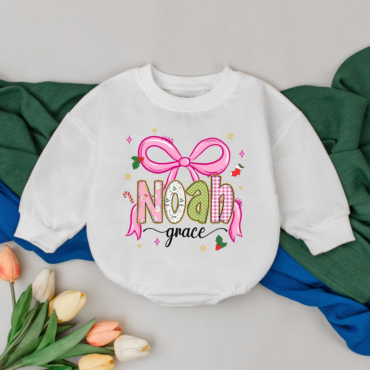 Noah Grace Personalized Romper, Pink Bow Baby Girl First Christmas Outfit, Whimsical Holiday Bodysuit, Cute Newborn Gift, Custom Name Bodysuit (139 chars)
