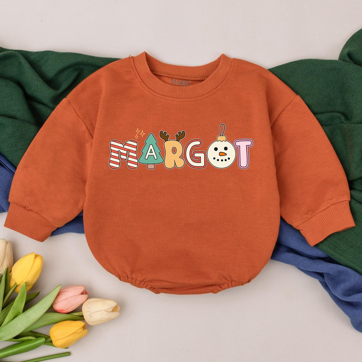 Personalized Name Christmas Romper First Christmas Bodysuit Newborn Baby Girl Boy Playful Whimsical Festive Tree Snowman Design Red Green Yellow Colors Baby Shower Gift