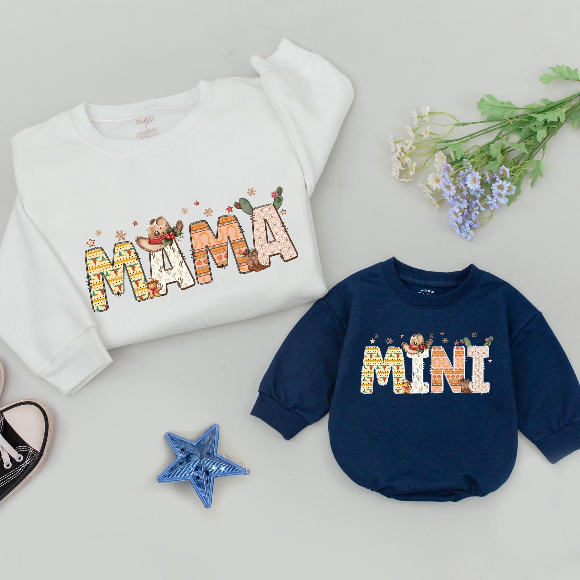 Howdy Christmas Matching Family Sweatshirts, Western Mama & Mini Outfit, Vintage Cowboy Holiday Sweaters, Southwestern DADA Gift, Beige, Brown & Orange (140 chars)