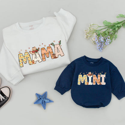Howdy Christmas Matching Family Sweatshirts, Western Mama & Mini Outfit, Vintage Cowboy Holiday Sweaters, Southwestern DADA Gift, Beige, Brown & Orange (140 chars)
