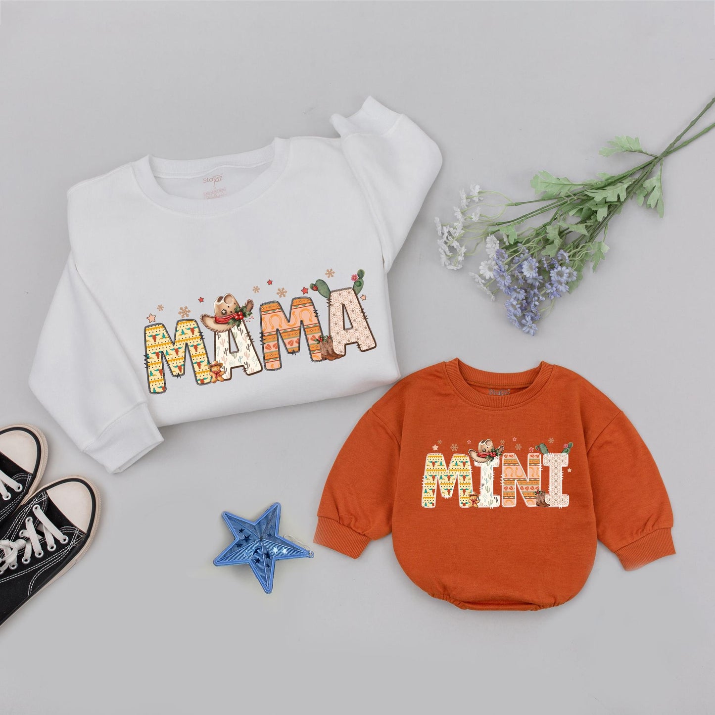 Howdy Christmas Matching Family Sweatshirts, Western Mama & Mini Outfit, Vintage Cowboy Holiday Sweaters, Southwestern DADA Gift, Beige, Brown & Orange (140 chars)
