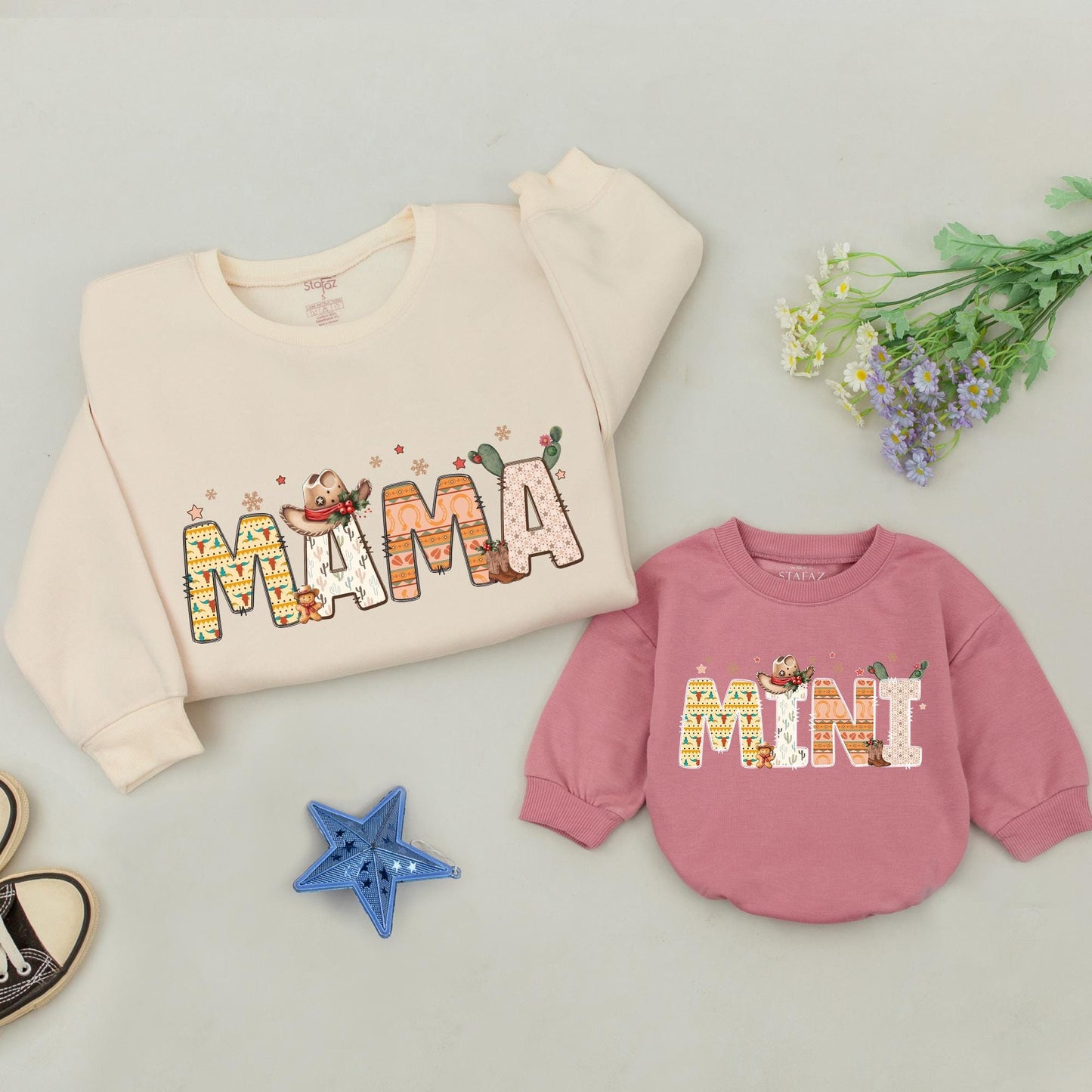 Howdy Christmas Matching Family Sweatshirts, Western Mama & Mini Outfit, Vintage Cowboy Holiday Sweaters, Southwestern DADA Gift, Beige, Brown & Orange (140 chars)