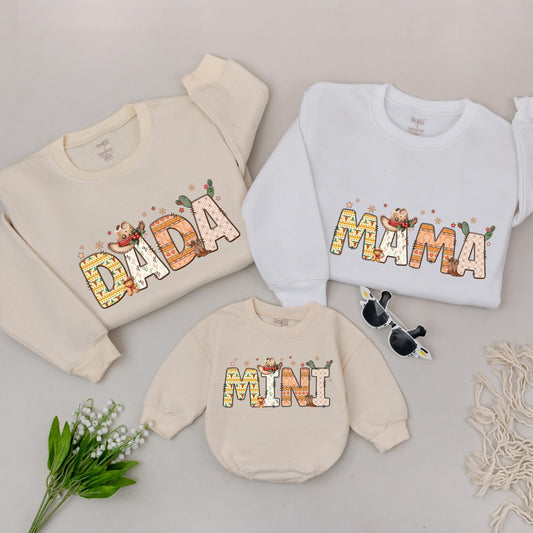 Howdy Christmas Matching Family Sweatshirts, Western Mama & Mini Outfit, Vintage Cowboy Holiday Sweaters, Southwestern DADA Gift, Beige, Brown & Orange (140 chars)