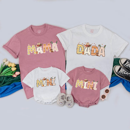 Personalized Howdy Christmas Family T-Shirt Retro Southwestern Desert Vibes DADA MAMA MINI Cowboy Boots Cacti Stars Warm Tones Vintage Western Holiday Gift