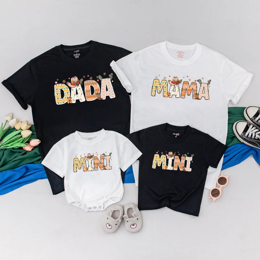 Personalized Howdy Christmas Family T-Shirt Retro Southwestern Desert Vibes DADA MAMA MINI Cowboy Boots Cacti Stars Warm Tones Vintage Western Holiday Gift