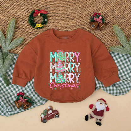 Merry Christmas Baby Romper Cute Festive Design with Trees Baby Girl Outfit Holiday Gift Adorable Whimsical Style Pink Blue Green Colors