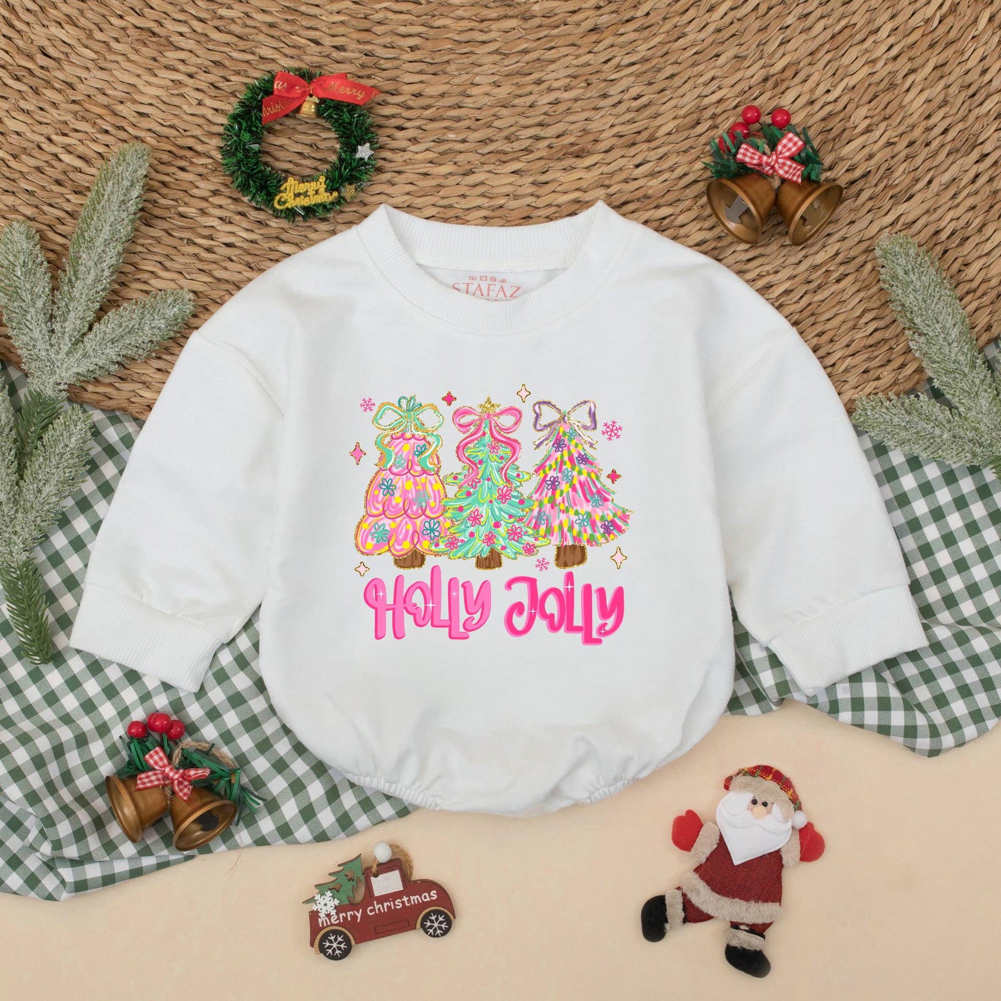 Holly Jolly Christmas Baby Girl Bubble Romper Whimsical Pastel Trees Floral Holiday Infant Bodysuit My First Xmas Outfit Festive Gift