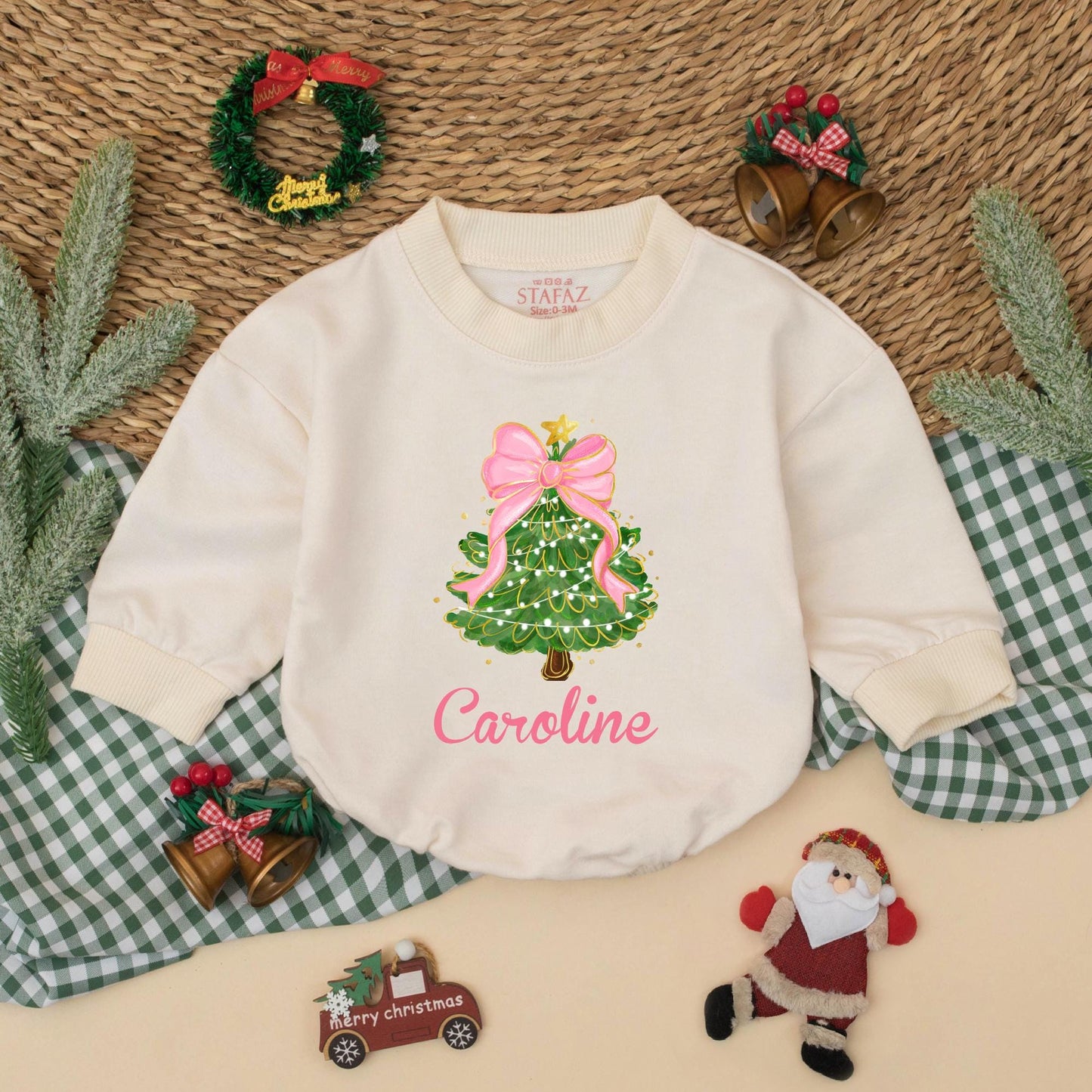 Caroline's Christmas Tree Romper, Pink Bow Holiday Outfit, Baby Girl Xmas Clothes, Cute Festive Design, Personalized First Christmas Gift, Toddler Clothes