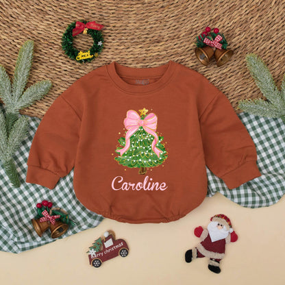 Caroline's Christmas Tree Romper, Pink Bow Holiday Outfit, Baby Girl Xmas Clothes, Cute Festive Design, Personalized First Christmas Gift, Toddler Clothes