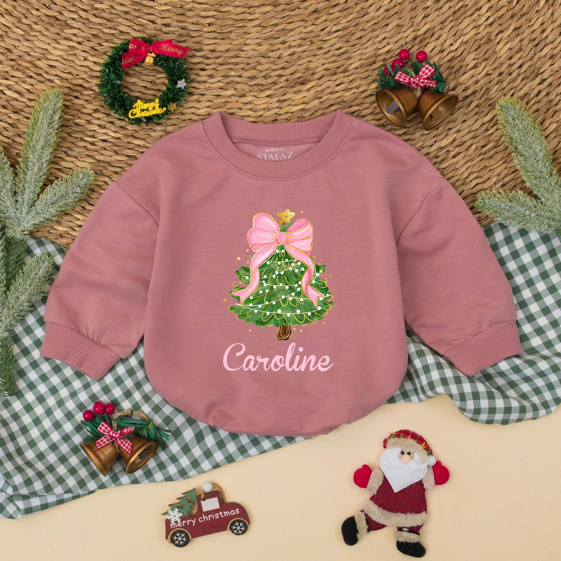 Caroline's Christmas Tree Romper, Pink Bow Holiday Outfit, Baby Girl Xmas Clothes, Cute Festive Design, Personalized First Christmas Gift, Toddler Clothes