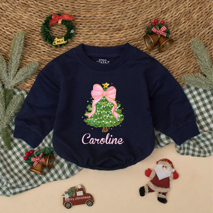 Caroline's Christmas Tree Romper, Pink Bow Holiday Outfit, Baby Girl Xmas Clothes, Cute Festive Design, Personalized First Christmas Gift, Toddler Clothes