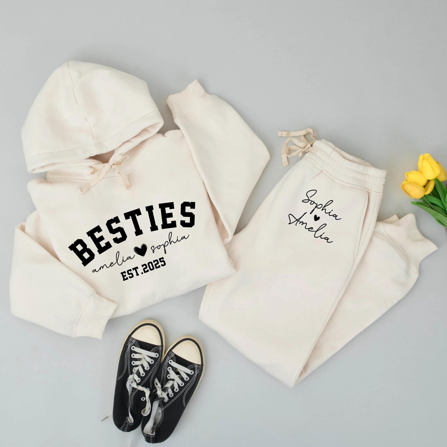 Custom Besties Hoodie and Sweatpants Set for Girls with Names & Est. 2025 Bold Modern Friendship Matching Soft Comfort Birthday Gift
