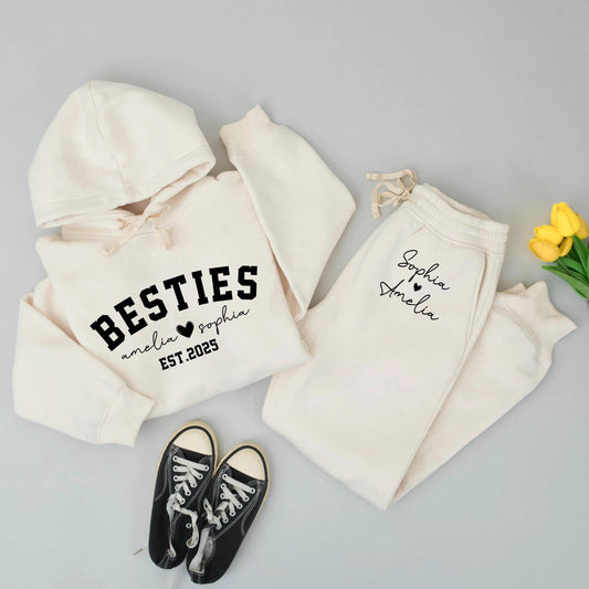 Custom Besties Hoodie and Sweatpants Set for Girls with Names & Est. 2025 Bold Modern Friendship Matching Soft Comfort Birthday Gift