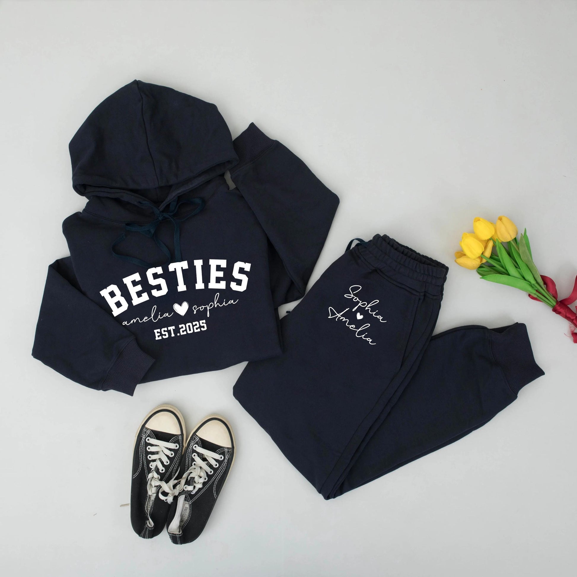 Custom Besties Hoodie and Sweatpants Set for Girls with Names & Est. 2025 Bold Modern Friendship Matching Soft Comfort Birthday Gift