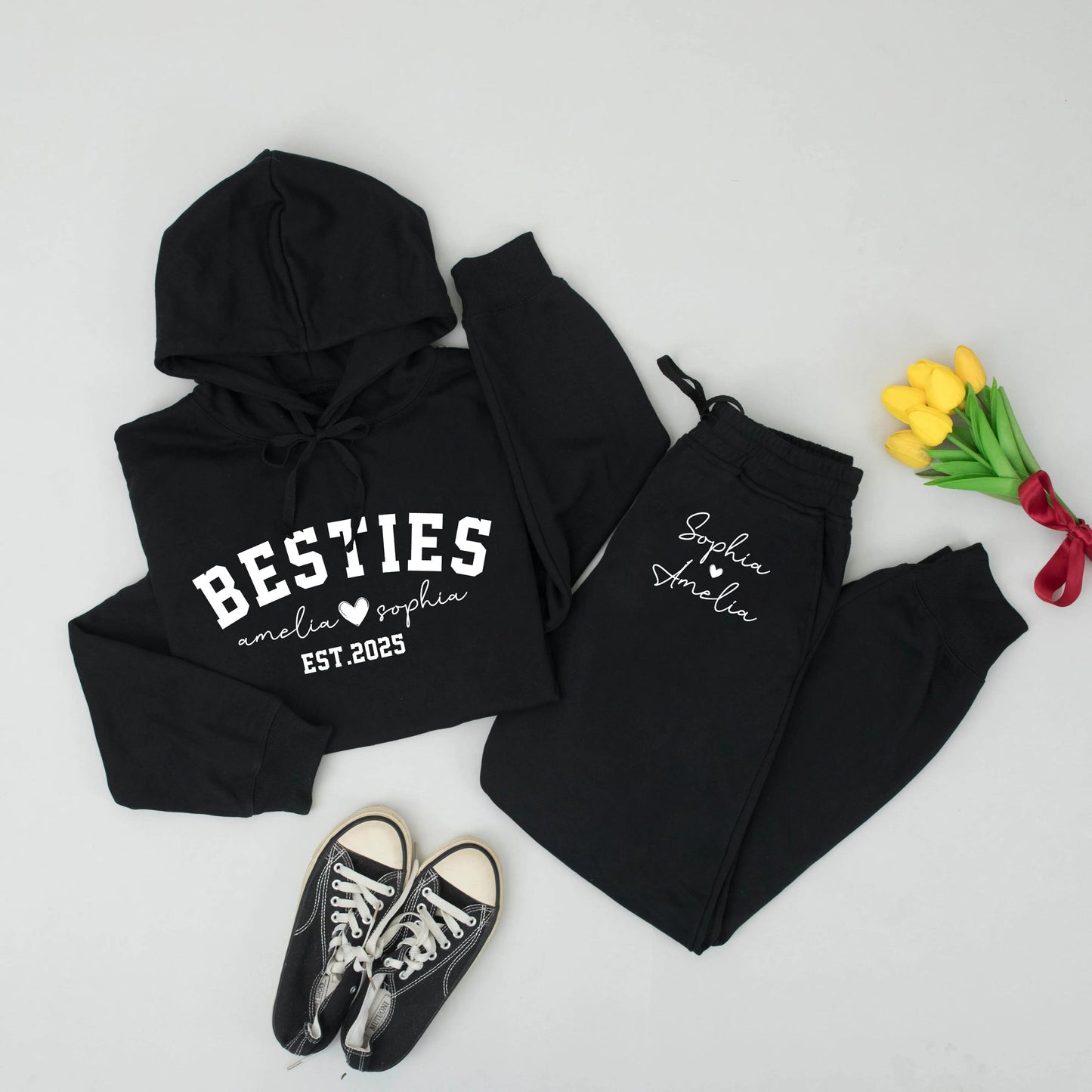 Custom Besties Hoodie and Sweatpants Set for Girls with Names & Est. 2025 Bold Modern Friendship Matching Soft Comfort Birthday Gift