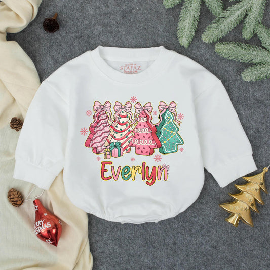 Christmas Trees Bubble Romper, Everlyn Holiday Outfit, Baby's First Christmas Romper, Colorful Infant Outfit with Gifts & Snowflakes, Girly Pink Xmas