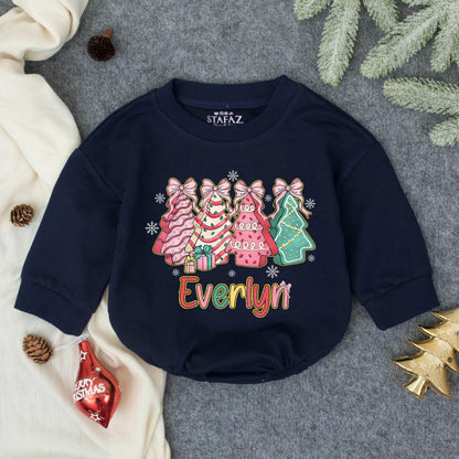 Christmas Trees Bubble Romper, Everlyn Holiday Outfit, Baby's First Christmas Romper, Colorful Infant Outfit with Gifts & Snowflakes, Girly Pink Xmas